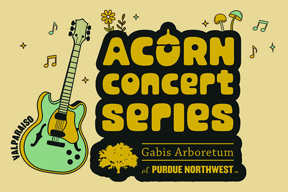 Illustration of a guitar and musical notes over flowers and mushrooms with text: Acorn Concert Series, Gabis Arboretum at Purdue Northwest, Valparaiso.